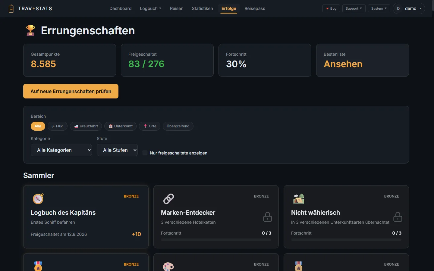 TravStats Errungenschaften-Seite: Gesamtpunkte, Freigeschaltet 83 von 276, Fortschritt, Filter nach Bereich Flug, Kreuzfahrt, Unterkunft, Orte und Übergreifend, darunter die Kategorie Sammler mit Logbuch des Kapitäns, Marken-Entdecker und Nicht wählerisch