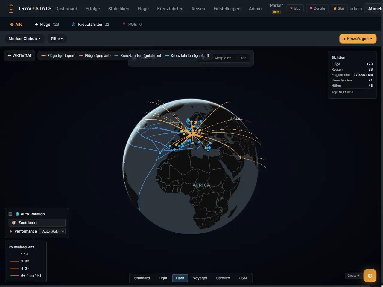TravStats Globus-Ansicht: Flug-Bögen und Kreuzfahrt-Seerouten auf einem 3D-Globus