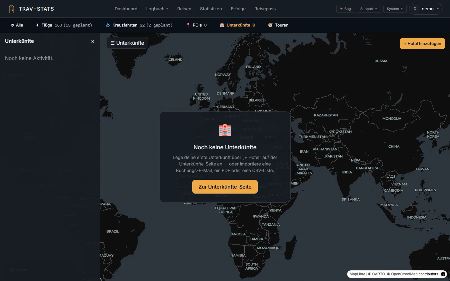 TravStats Dashboard, Reiter Unterkünfte, auf einer frischen Instanz: die Weltkarte, ein leeres Aktivitätspanel und der Hinweis, das erste Hotel anzulegen oder eine Buchungs-E-Mail, ein PDF oder eine CSV-Liste zu importieren