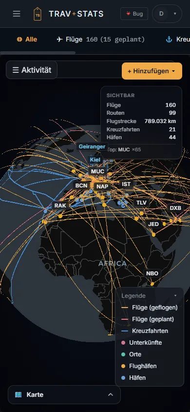 TravStats Dashboard auf einem Smartphone: der Globus mit Legende und Sichtbar-Zähler in der schmalen Ansicht
